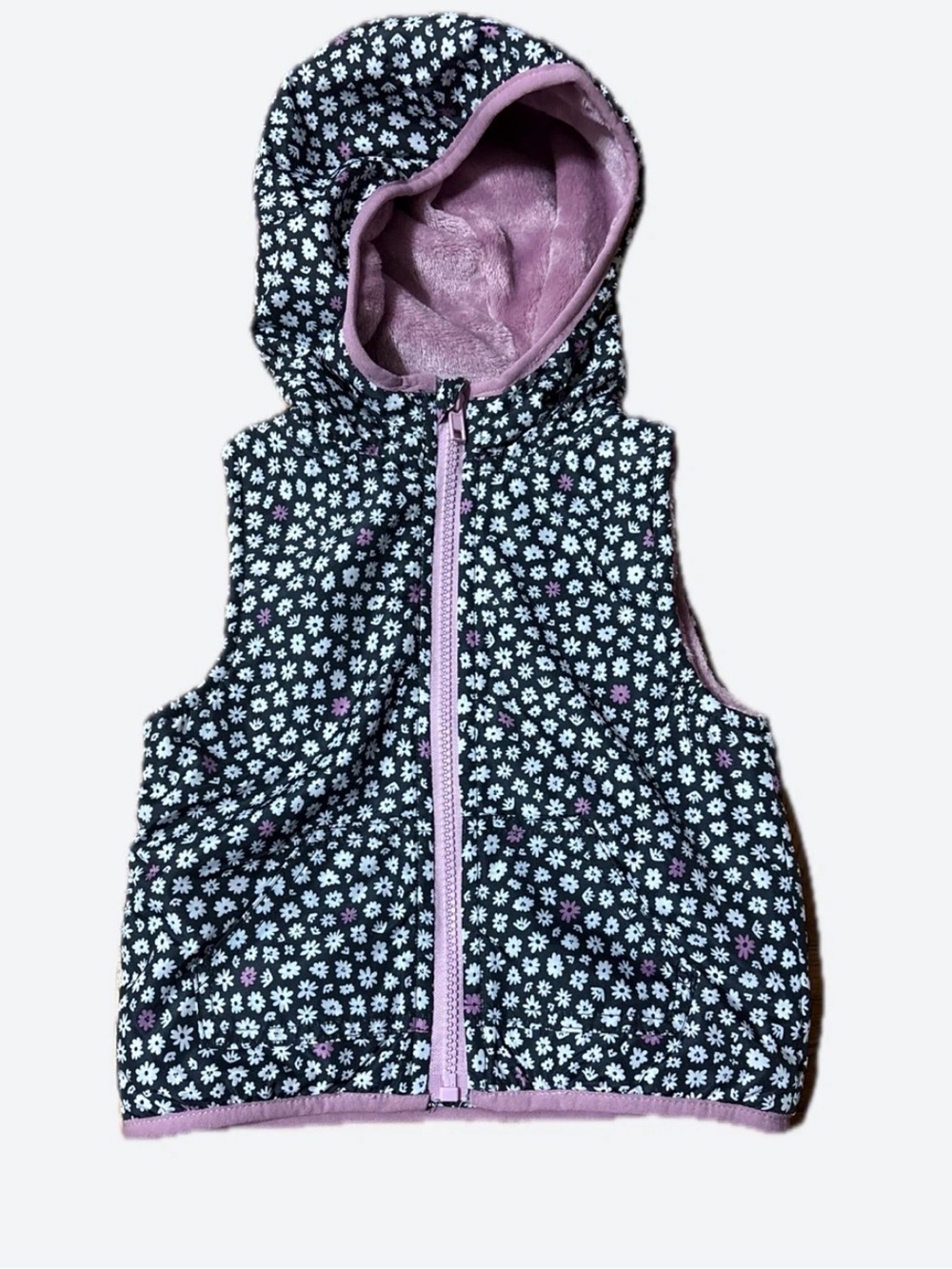 Penelope Mack Black Floral Hooded Vest with Lilac Trim